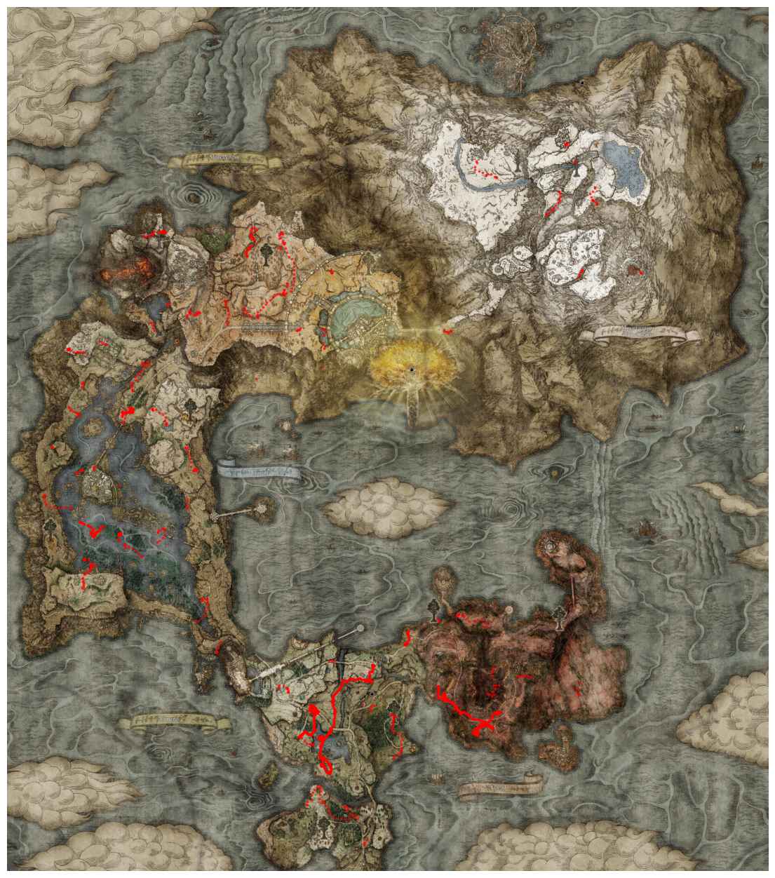 Map of the Lands Between with red dots marking screenshot positions along a walking path